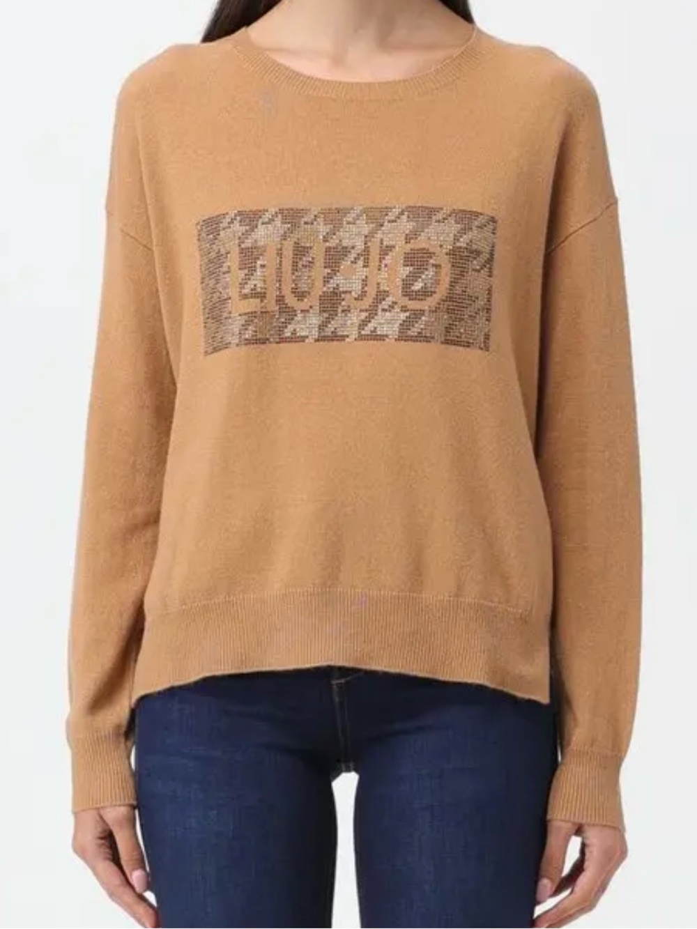 Liu Jo Womenâs Camel Crewneck Rhinestone Sweater